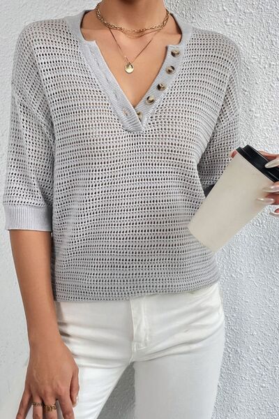 Openwork Half Button Dropped Shoulder Knit Top - SELFTRITSS