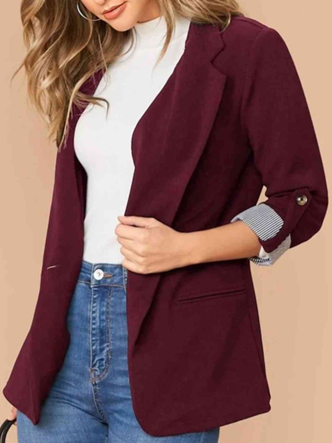 Lapel Collar Roll-Tab Sleeve Blazer - SELFTRITSS