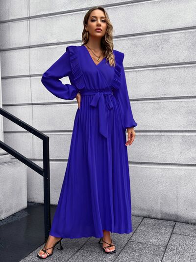 Pleated Surplice Tie Waist Maxi Dress - SELFTRITSS