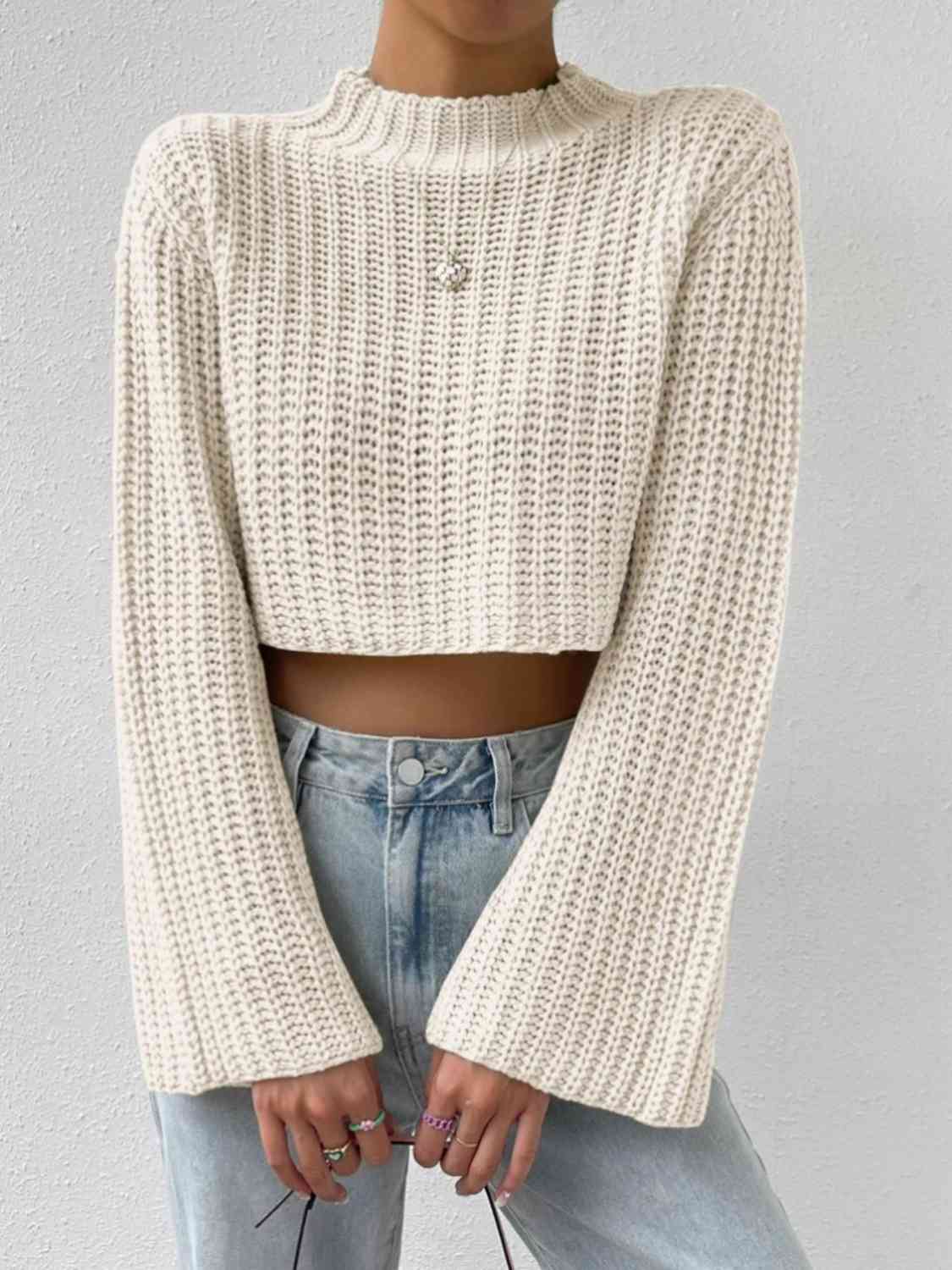 Mock Neck Long Sleeve Cropped Sweater - SELFTRITSS