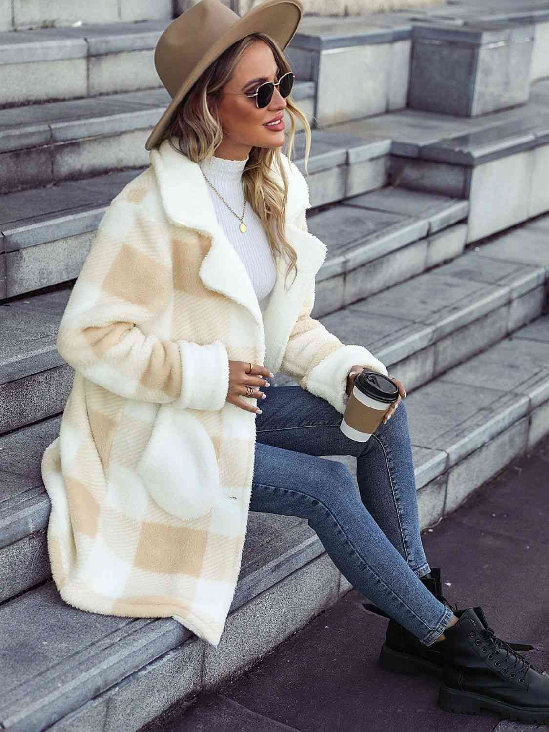 Plaid Button Down Coat with Pockets - SELFTRITSS