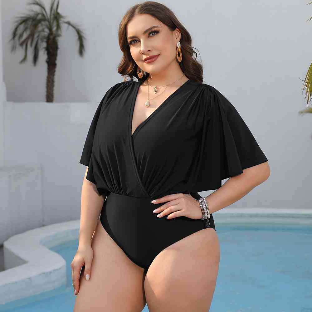 Plus Size Ruched Surplice Neck One-Piece Swimsuit - SELFTRITSS