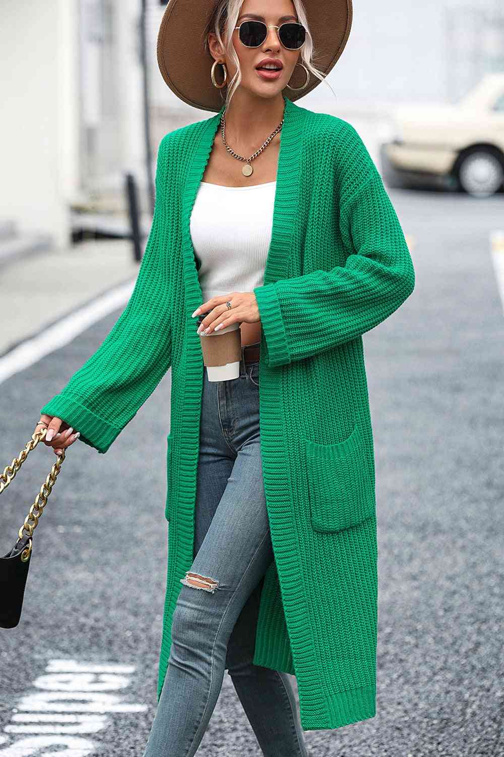 Dropped Shoulder Long Sleeve Cardigan with Pocket - SELFTRITSS