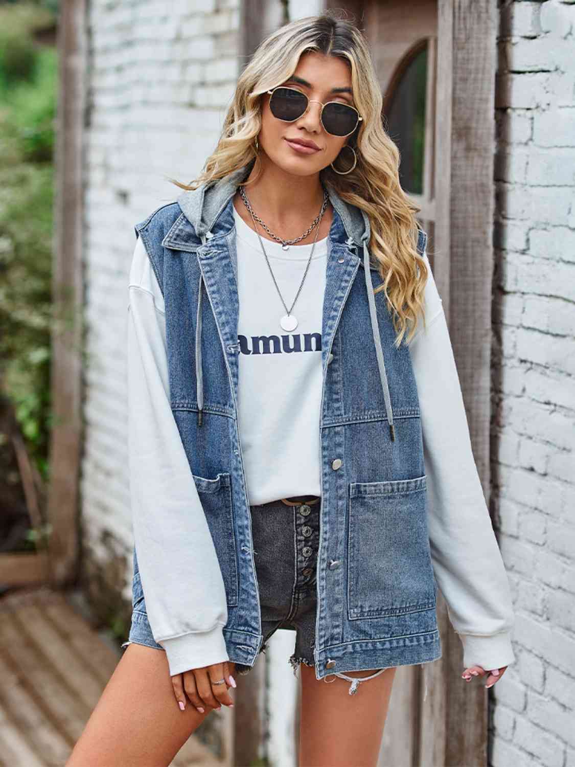 Button Up Sleeveless Denim Jacket with Pockets - SELFTRITSS