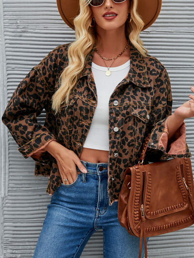 Leopard Button Up Dropped Shoulder Denim Jacket - SELFTRITSS