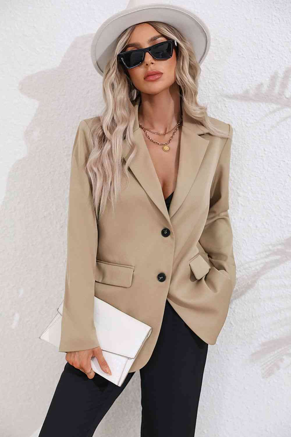 Lapel Collar Long Sleeve Blazer - SELFTRITSS