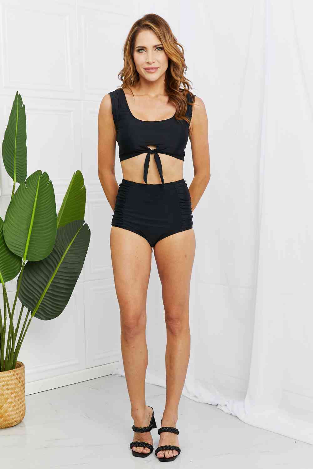 Marina West Swim Sanibel Crop Swim Top and Ruched Bottoms Set in Black - SELFTRITSS