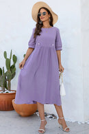 Decorative Button Round Neck Half Sleeve Dress - SELFTRITSS