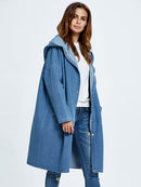 Button Up Dropped Shoulder Hooded Denim Top - SELFTRITSS