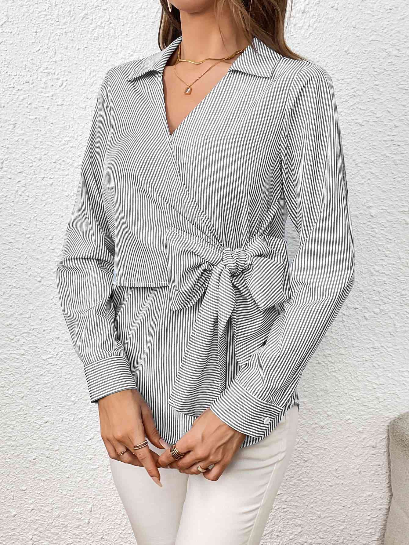 Bow Tie Waist Johnny Collar Neck Striped Blouse - SELFTRITSS