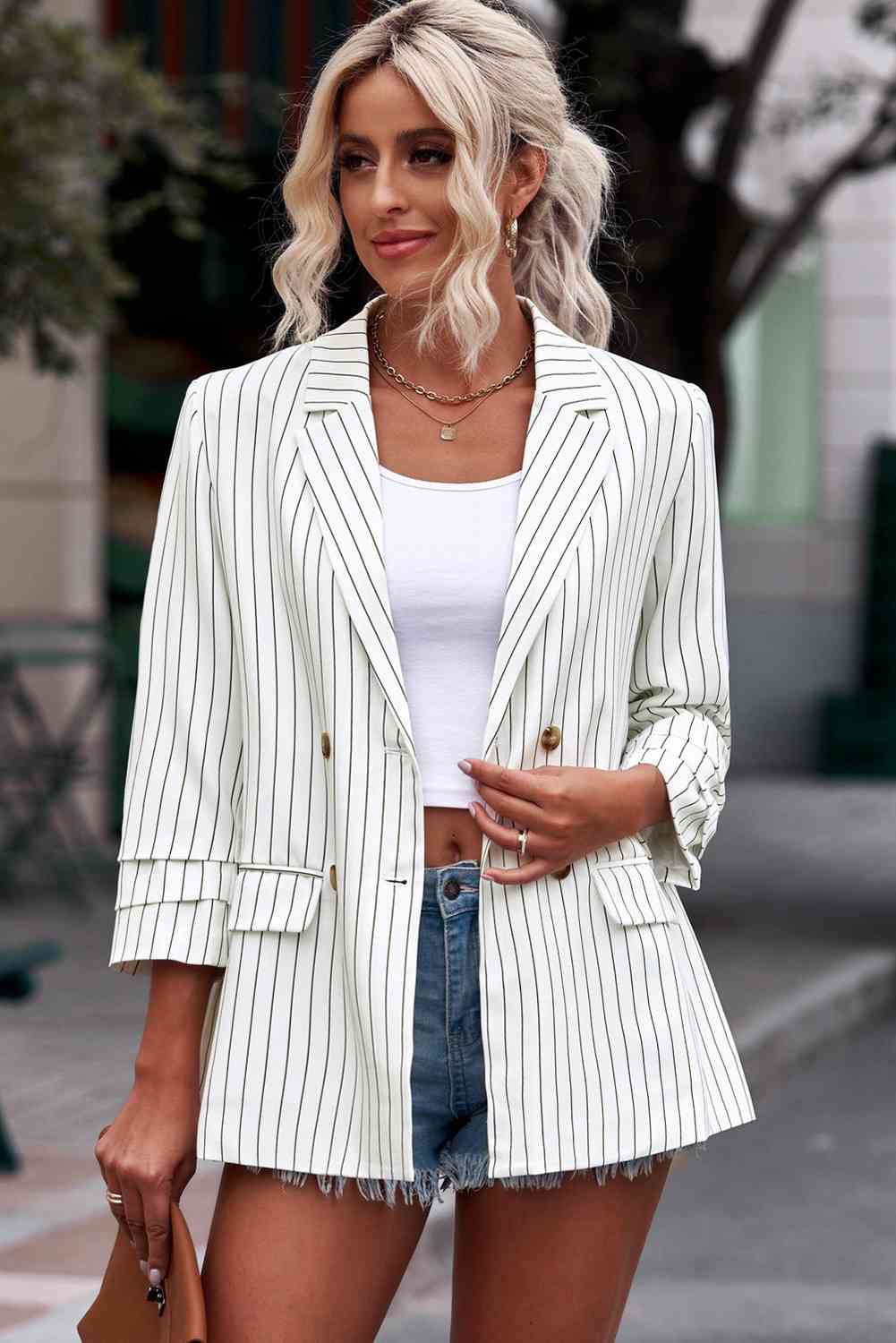 Striped Double-Breasted Long Sleeve Blazer - SELFTRITSS