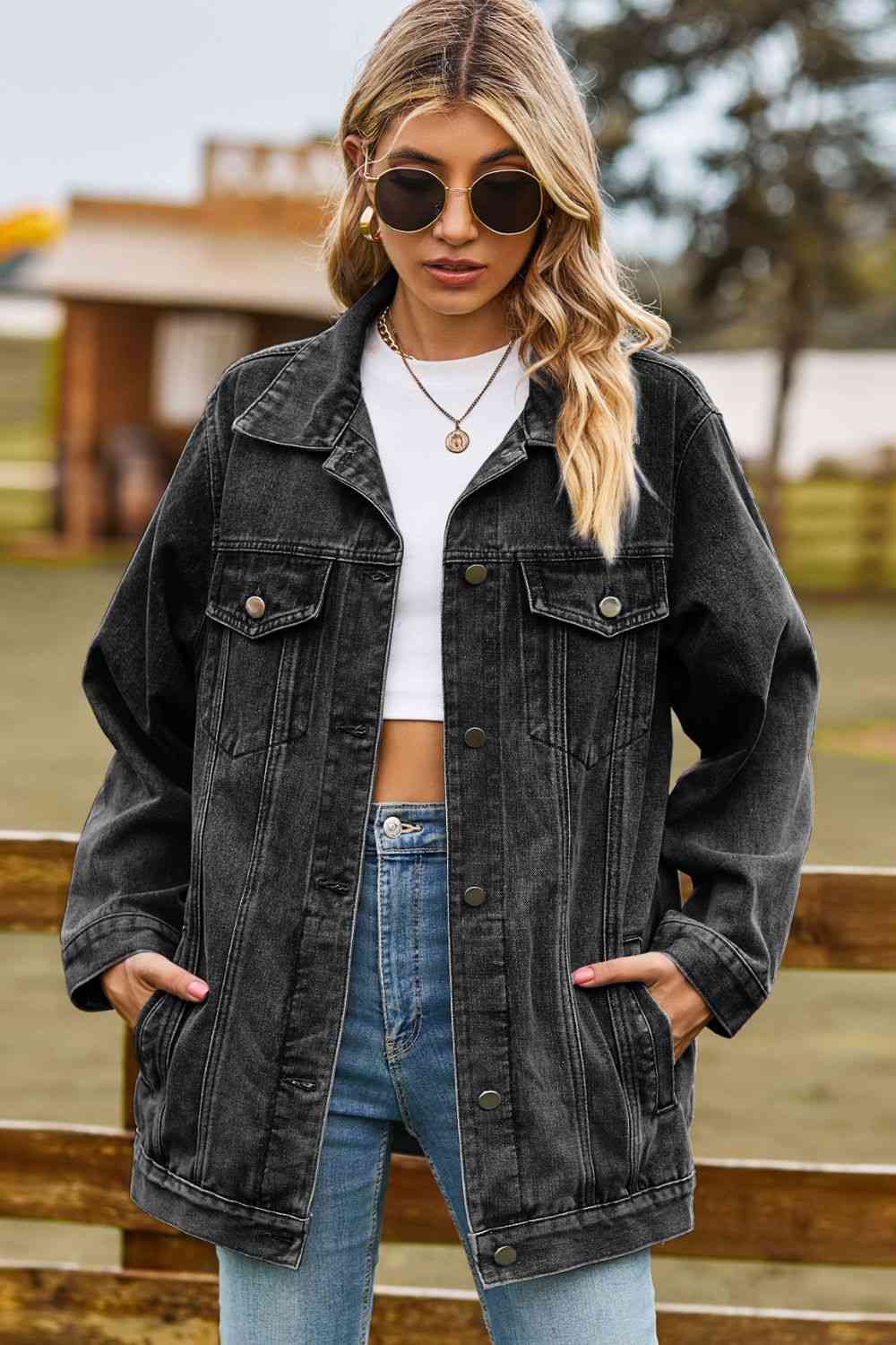 Buttoned Collared Neck Denim Jacket with Pockets - SELFTRITSS