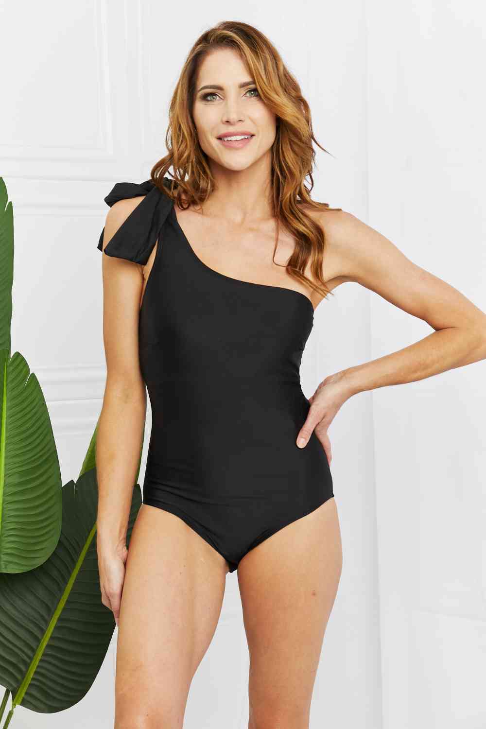 Marina West Swim Deep End One-Shoulder One-Piece Swimsuit in Black - SELFTRITSS   