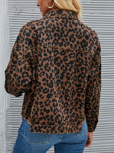 Leopard Button Up Dropped Shoulder Denim Jacket - SELFTRITSS