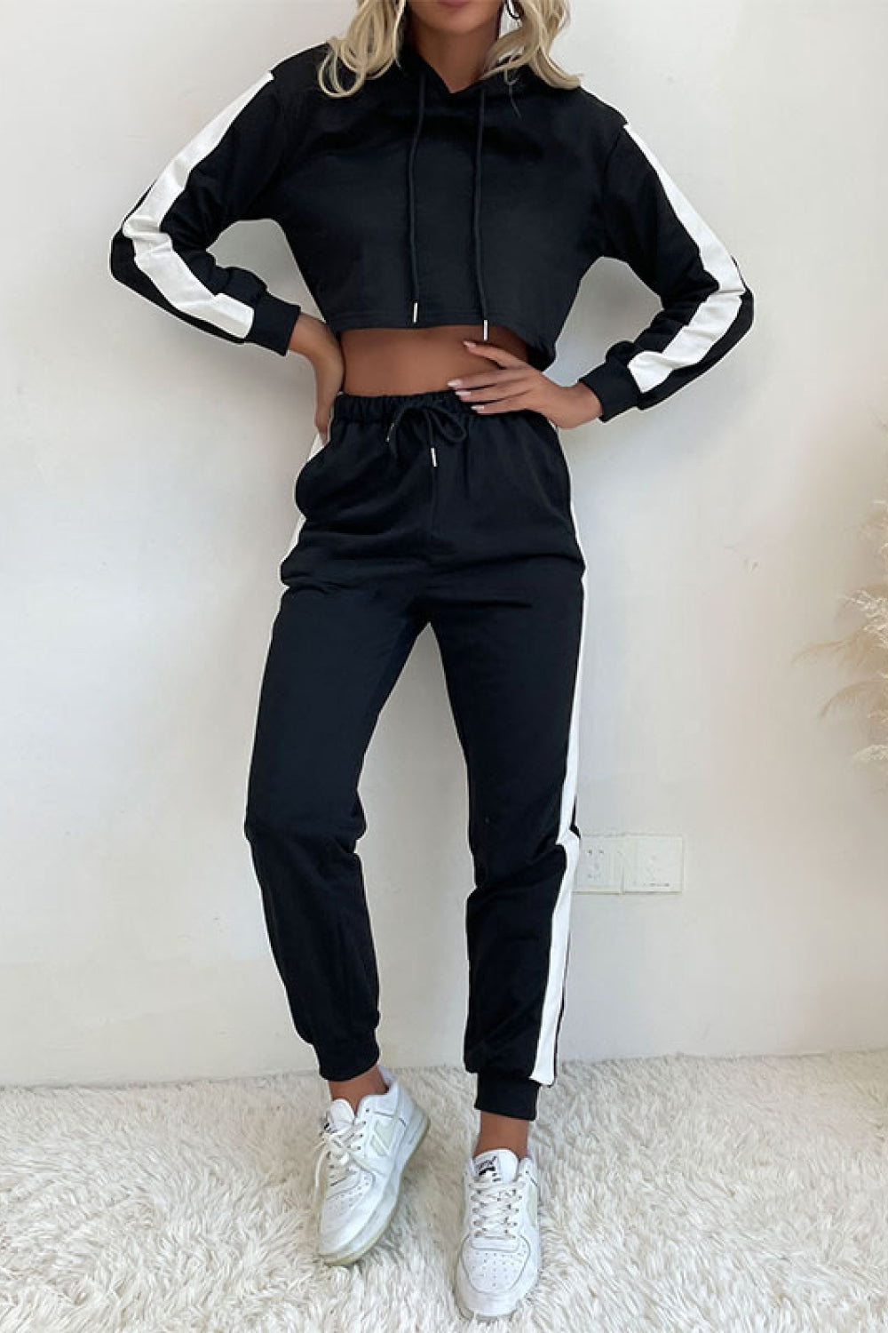 Side Stripe Cropped Hoodie and Jogger Set - SELFTRITSS