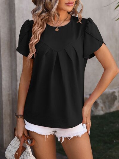 Ruched Round Neck Petal Sleeve Blouse - SELFTRITSS