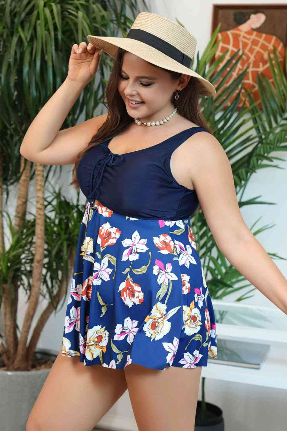 Plus Size Floral Ruched Sleeveless Swim Top - SELFTRITSS