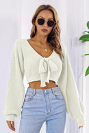 Bow V-Neck Long Sleeve Cropped Sweater - SELFTRITSS   