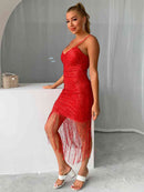 Sequin Fringe Spaghetti Strap Dress - SELFTRITSS