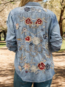 Embroidered Pocketed Button Up Denim Shirt - SELFTRITSS