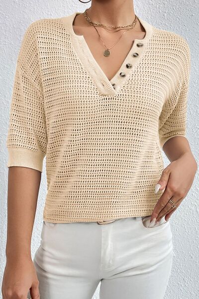 Openwork Half Button Dropped Shoulder Knit Top - SELFTRITSS