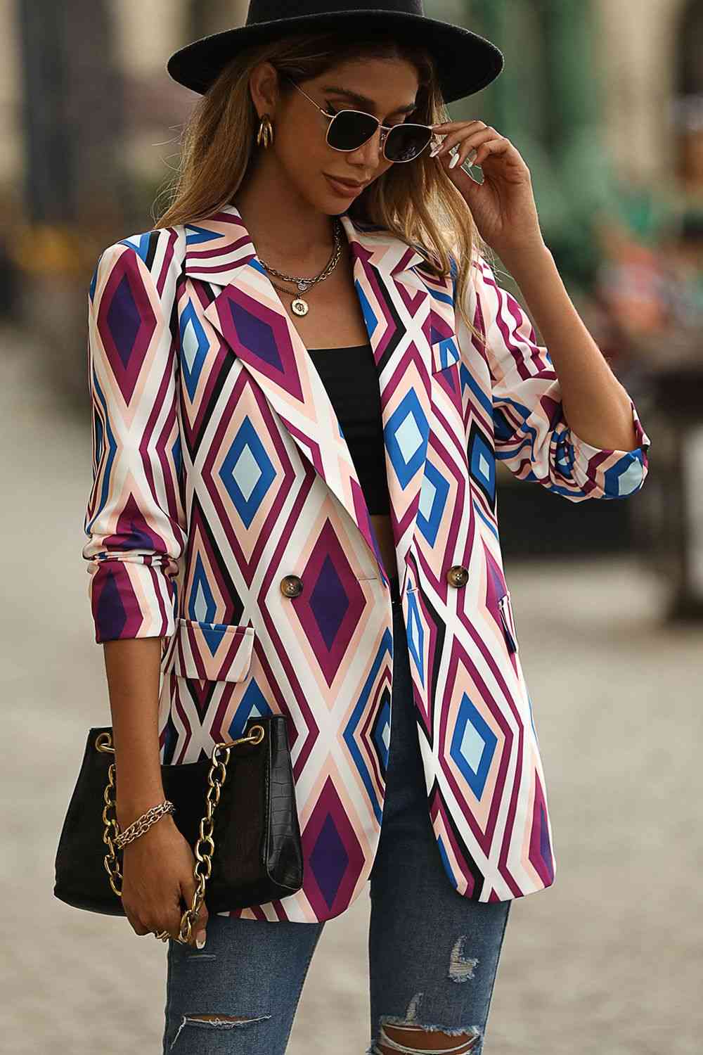 Geometrical Pattern Lapel Collar Blazer with Pocket - SELFTRITSS