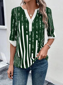 Striped Notched Half Sleeve Blouse - SELFTRITSS   