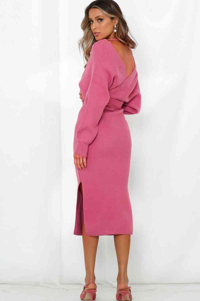 Surplice Neck Bow Waist Slit Sweater Dress - SELFTRITSS