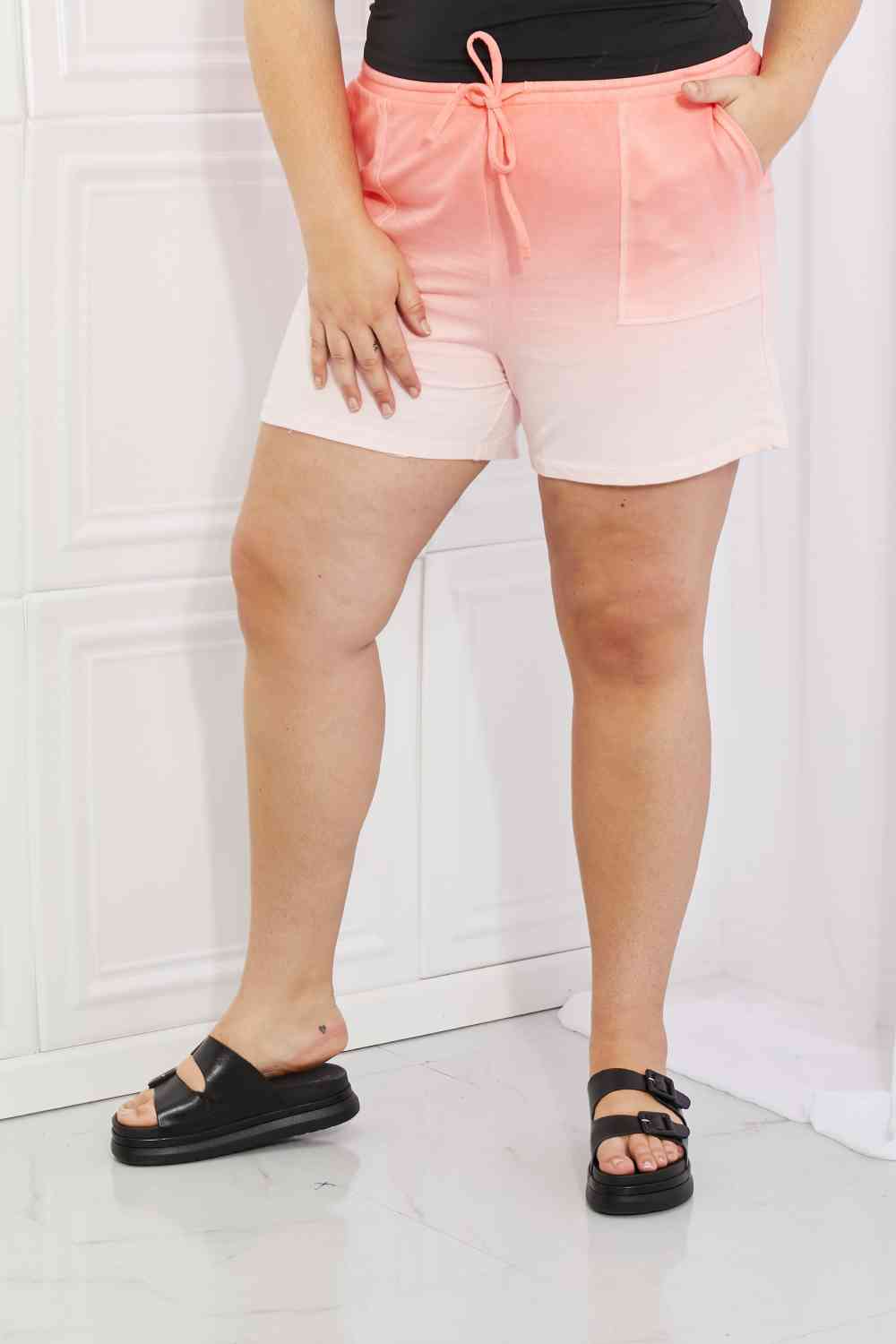 Zenana In The Zone Full Size Dip Dye High Waisted Shorts in Coral - SELFTRITSS