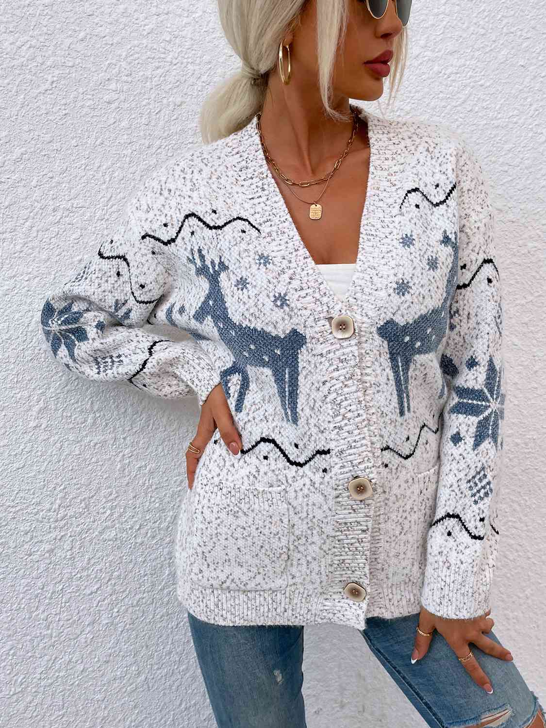 Reindeer Button Down Cardigan with Pockets - SELFTRITSS