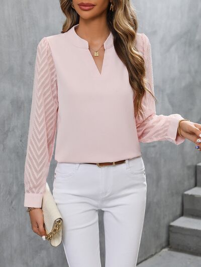 Notched Long Sleeve Blouse - SELFTRITSS