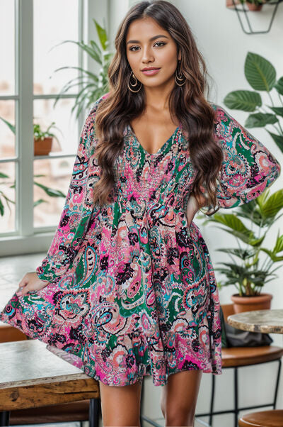 Printed V-Neck Long Sleeve Mini Dress - SELFTRITSS