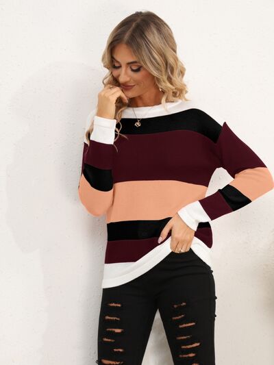 Striped Round Neck Dropped Shoulder Sweater - SELFTRITSS