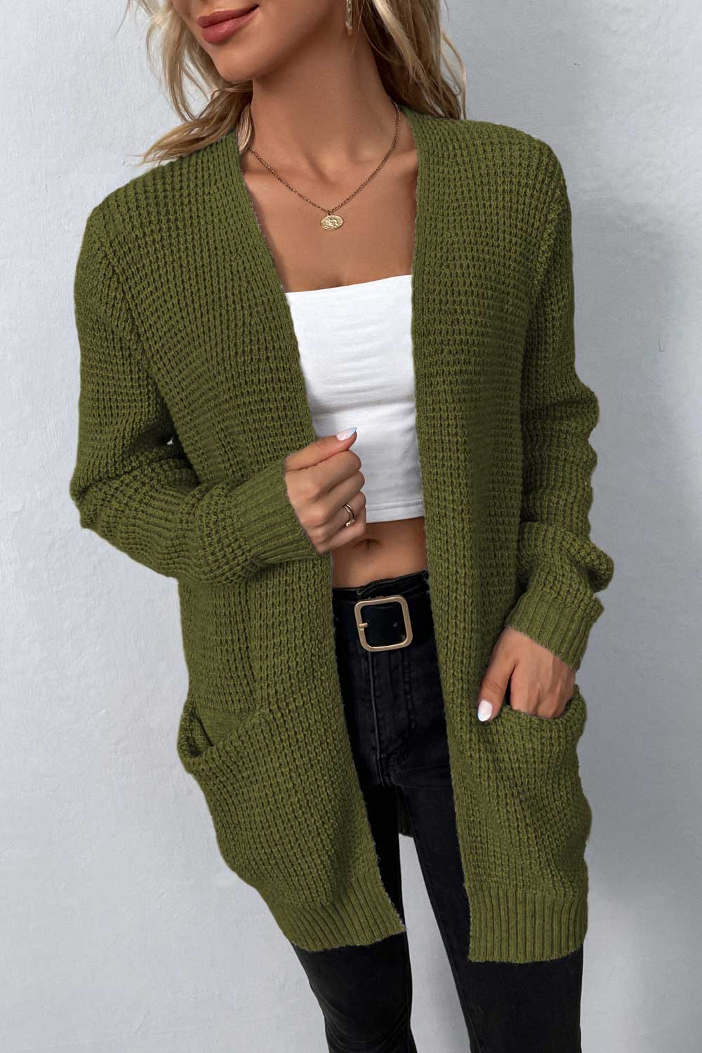 Rib-Knit Open Front Pocketed Cardigan - SELFTRITSS   