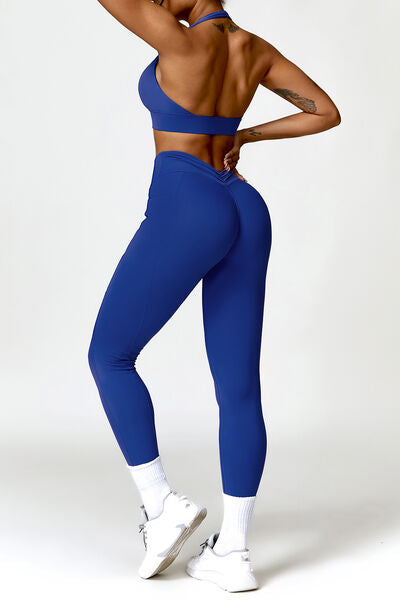 Ruched Halter Neck Bra and Pocketed Leggings Active Set - SELFTRITSS