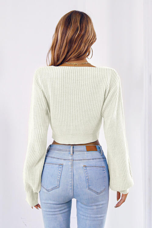 Bow V-Neck Long Sleeve Cropped Sweater - SELFTRITSS