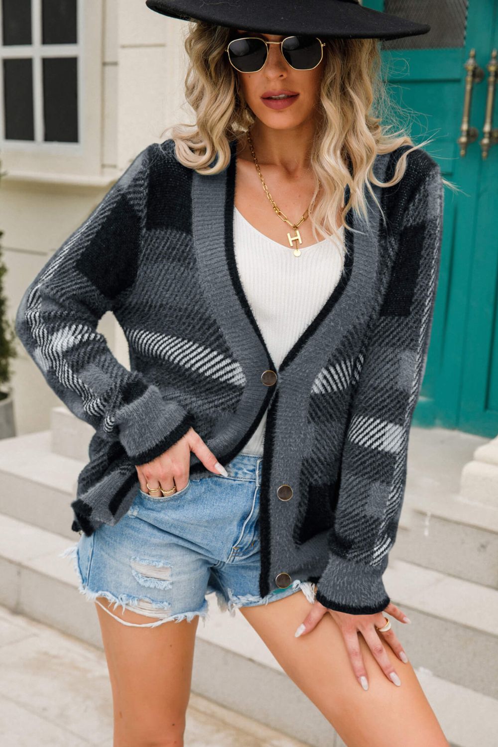 Striped Button-Front Fuzzy Cardigan - SELFTRITSS