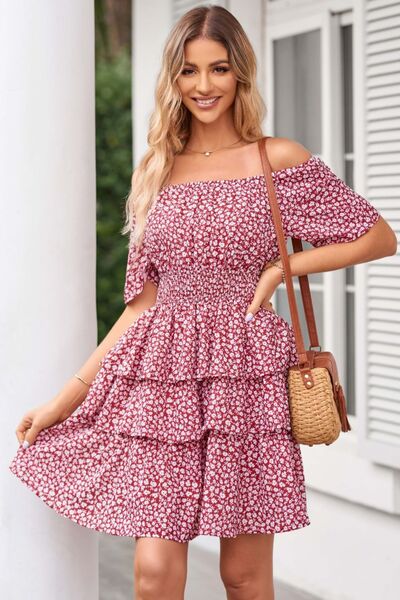 Floral Smocked Short Sleeve Layered Dress - SELFTRITSS