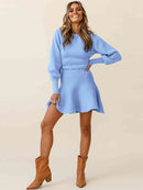 Round Neck Lantern Sleeve Sweater Dress - SELFTRITSS