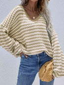 Striped Drop Shoulder V-Neck Pullover Sweater - SELFTRITSS