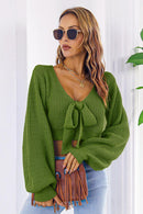 Bow V-Neck Long Sleeve Cropped Sweater - SELFTRITSS