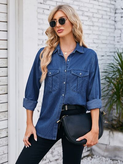 Button Up Collared Neck Denim Jacket - SELFTRITSS