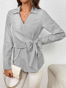Bow Tie Waist Johnny Collar Neck Striped Blouse - SELFTRITSS