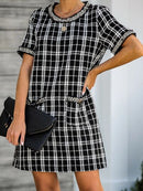 Pocketed Plaid Round Neck Short Sleeve Dress - SELFTRITSS