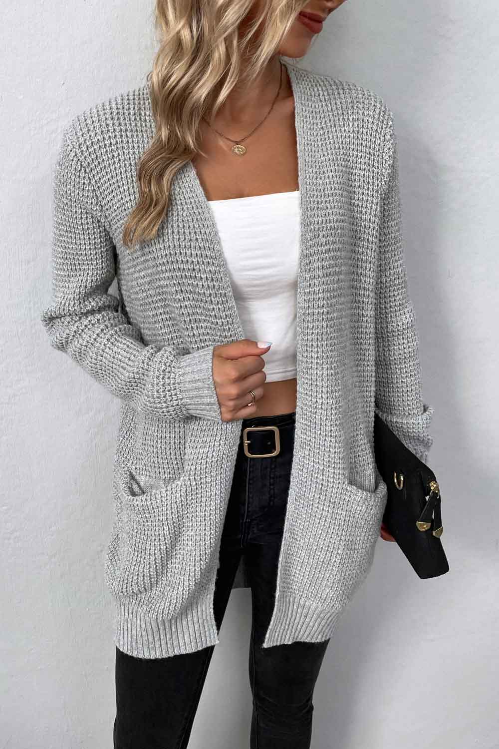 Rib-Knit Open Front Pocketed Cardigan - SELFTRITSS   