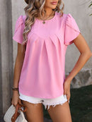 Ruched Round Neck Petal Sleeve Blouse - SELFTRITSS