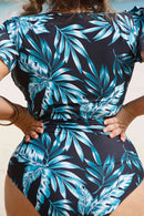 Plus Size Botanical Print Zip-Up One-Piece Swimsuit - SELFTRITSS