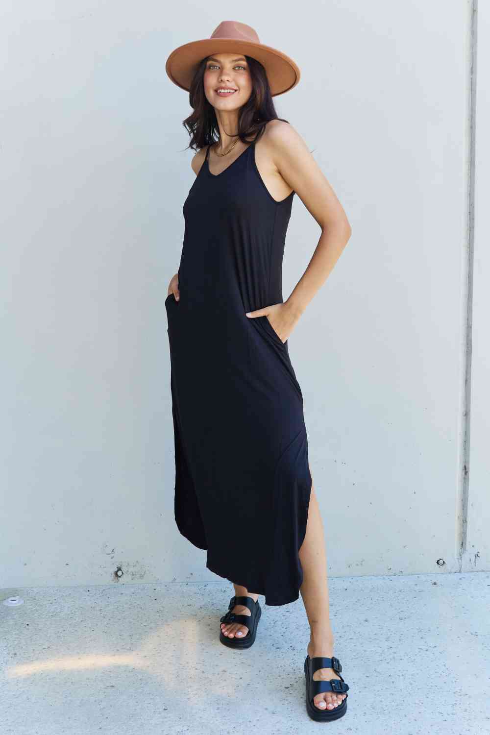 Ninexis Good Energy Full Size Cami Side Slit Maxi Dress in Black - SELFTRITSS