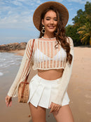 Openwork Boat Neck Long Sleeve Cover-Up - SELFTRITSS   