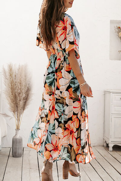 Plunge Split Printed Short Sleeve Dress - SELFTRITSS